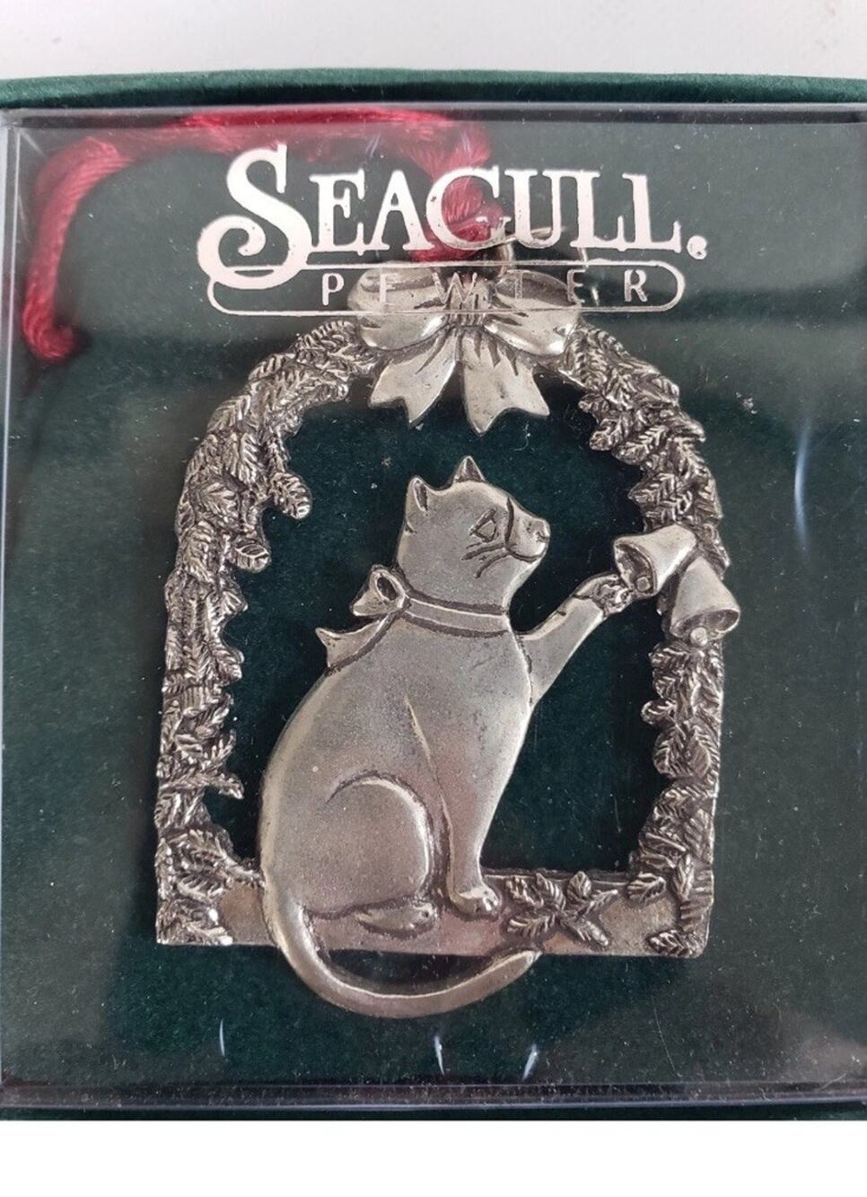 Vintage Seagull Pewter Cat Christmas Ornament 1986 Canada In Box Ringing Bells